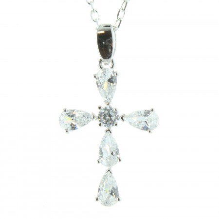 Silver Cross Pendant with Zirconia and Chain 50cm