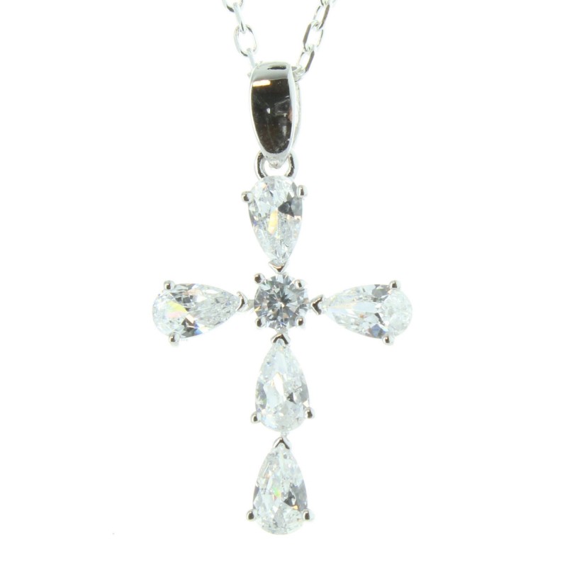 Ciondolo Croce in argento con zirconi e catena 50cm