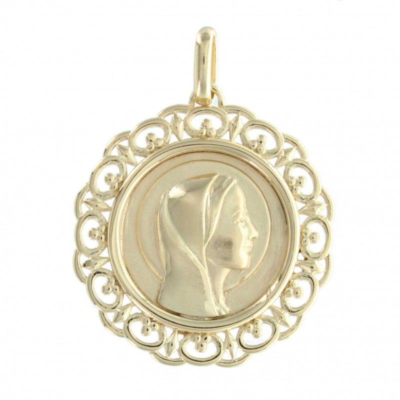 Medaglia Placcata d'Oro 18 carati rotonda, Madonna e contorni dentellati