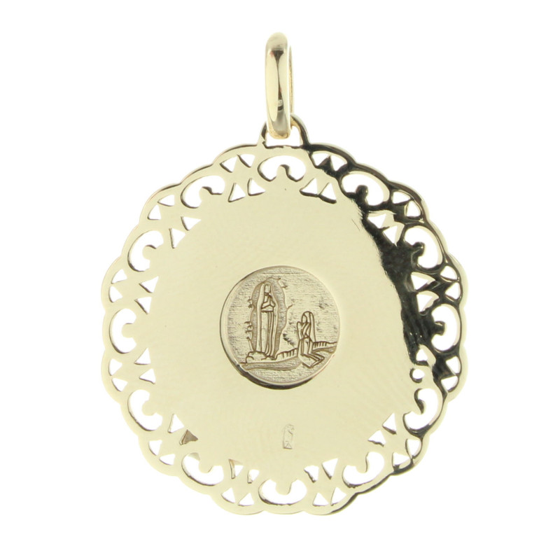 Médaille Religieuse Vierge Marie Double Face Plaqué Or 20 Mm - Profil Et Apparition De Lourdes - Bijou Chrétien, Cadeau De Baptême