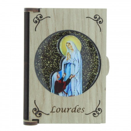 Boîte en bois pour chapelet avec l'Apparition de Lourdes sur fond pailleté