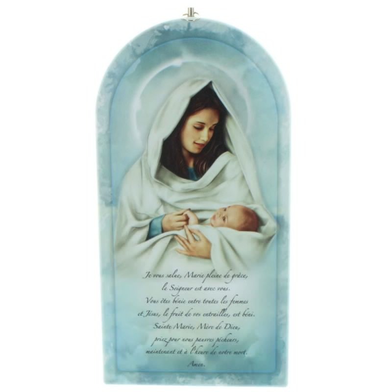 Blessed Virgin Mary and Child Wooden frame and Hail Maria prayer 24cm