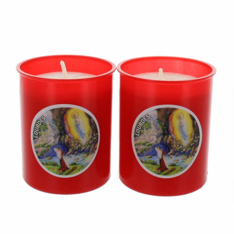 Batch of two Our Lady of Lourdes Apparition red votive candle 6.5 cm
