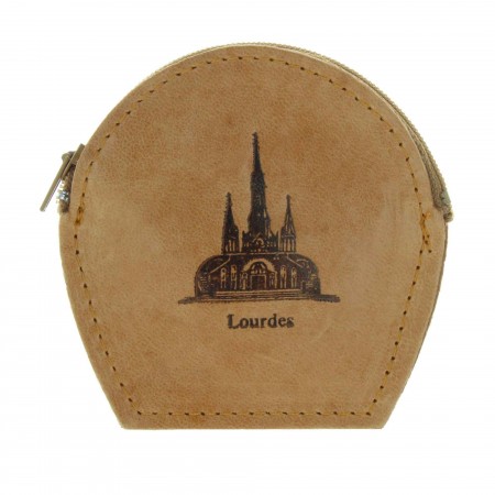 Etui à chapelet en cuir décoré avec la Basilique de Lourdes