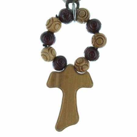 Porte-clés avec un dizainier en bois et une croix tau
