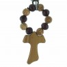 Keyring with a wood decade rosary and a tau cross