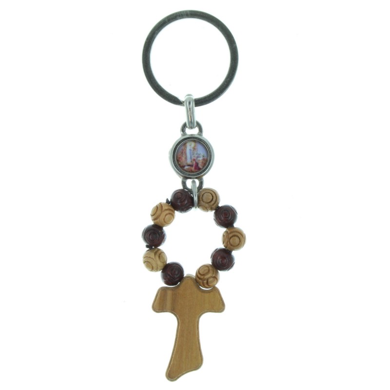Keyring with a wood decade rosary and a tau cross