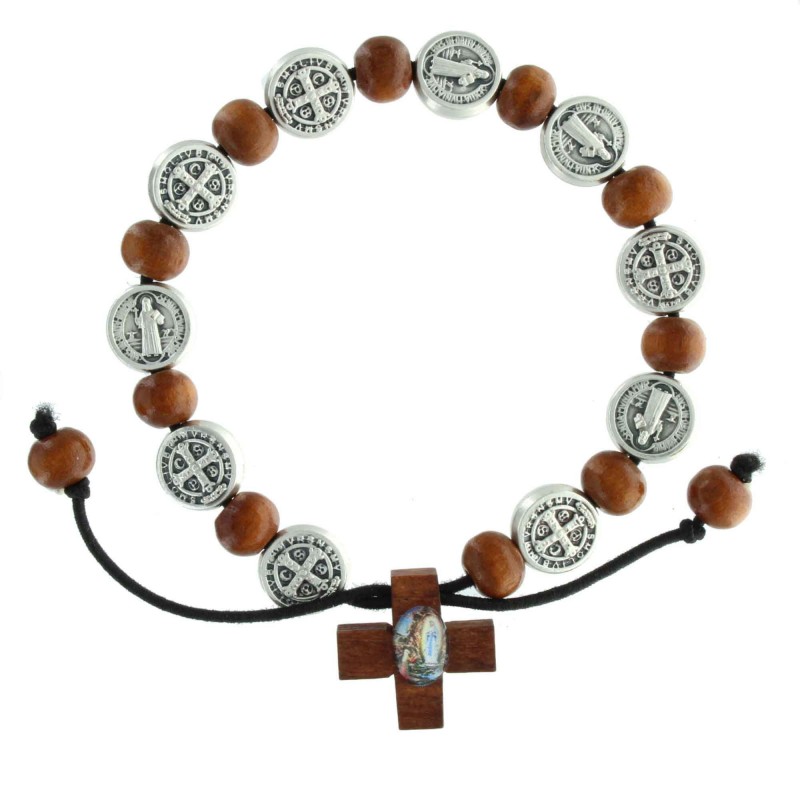Bracelet de Saint Benoît avec des perles en bois et une croix