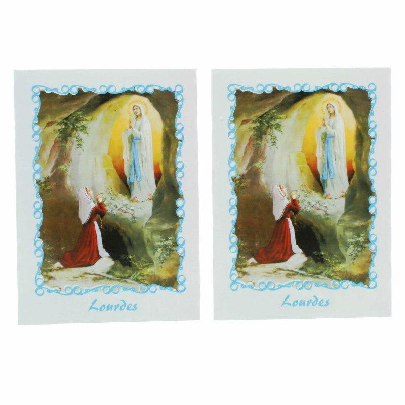 Lot de 2 images religieuses de l'Apparition de Lourdes texte en anglais