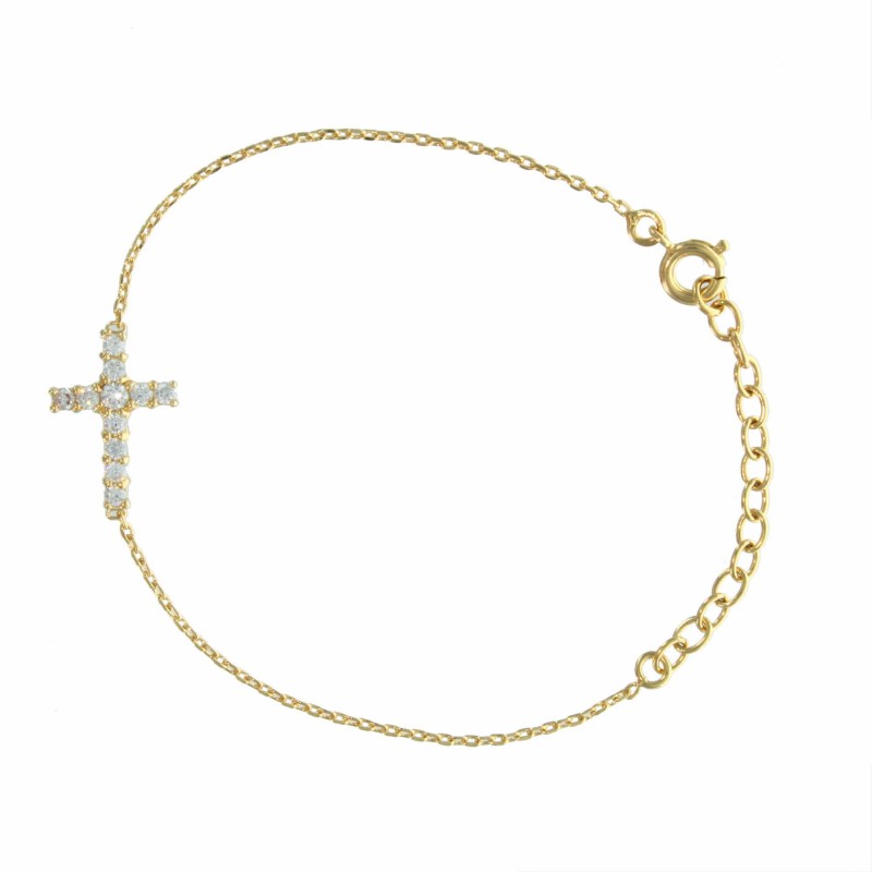 Gold-plated bracelet with a central cross decorated with rhinestones