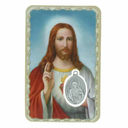 Sacred Heart Prayer Card With Silver Foil Highlights & Coloured Medal – Christian Devotional Item