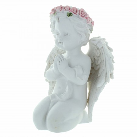 Statue Ange à genoux avec une couronne de roses colorées 14cm