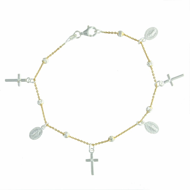 Bracelet en Argent 2 tons avec des médailles Miraculeuses et des croix