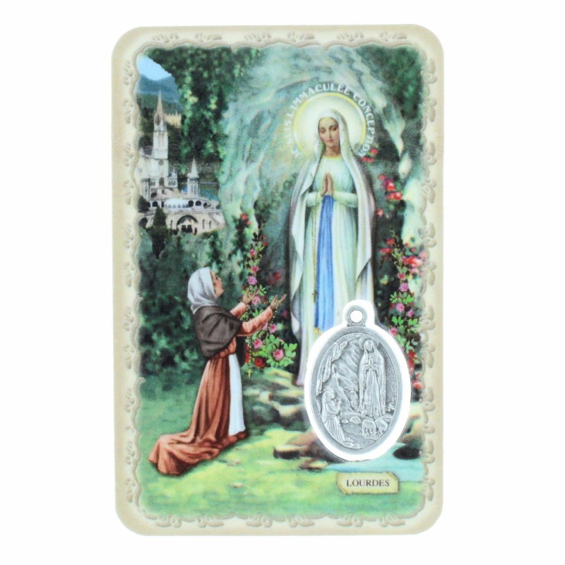 Our Lady of Lourdes Prayer Card with medal - religious pictures