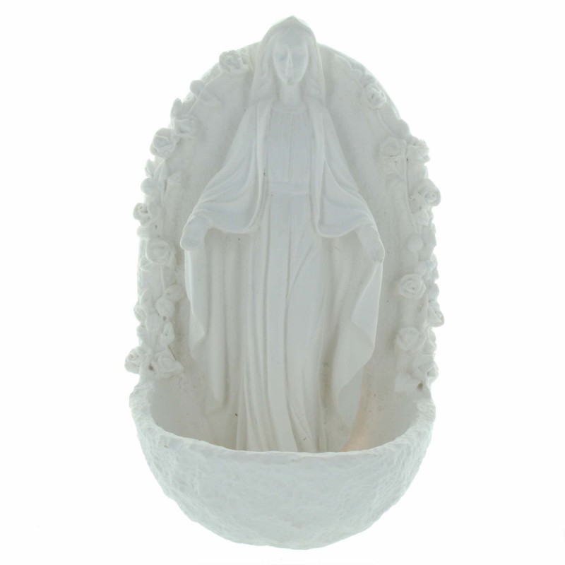 Bénitier de la Vierge Miraculeuse en résine blanche 14cm
