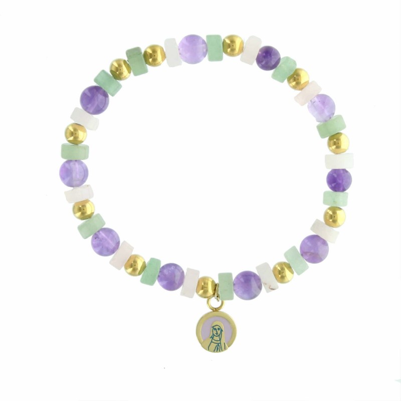 Religious bracelet with amethyst, aventurine and quartz beads
