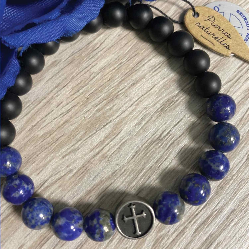 Black agate and crystal bracelet with your choice of Catholic saint and crucifix