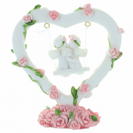 Statue of 2 Angels on a swing inside a heart in resin 11cm