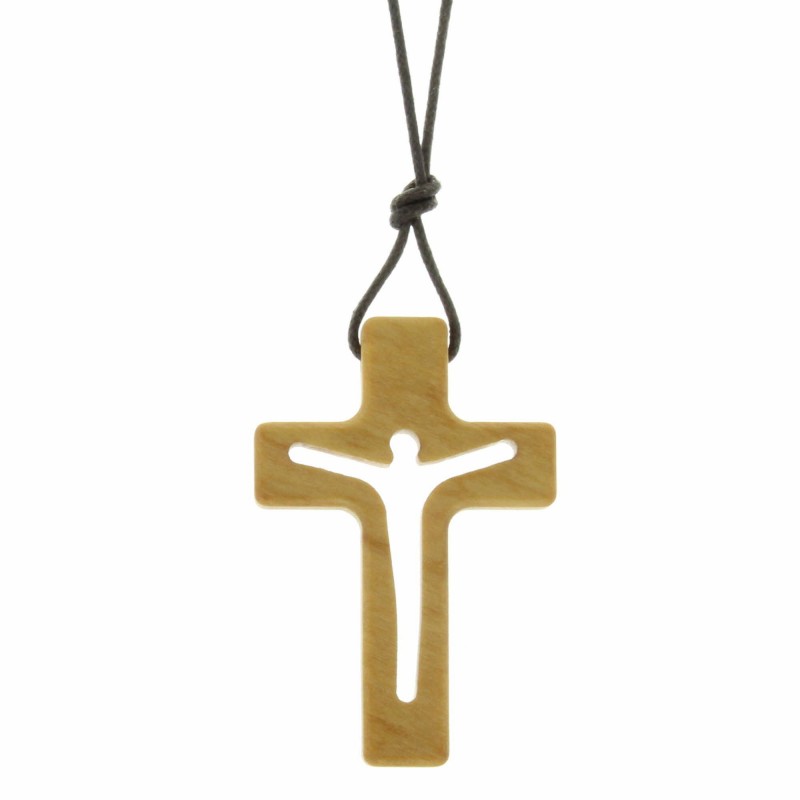 Collier religieux avec une croix en bois d'olivier ajourée