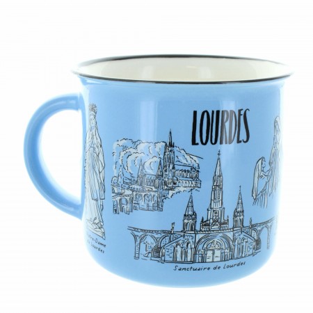 Mug en céramique bleu décoré d'images de Lourdes