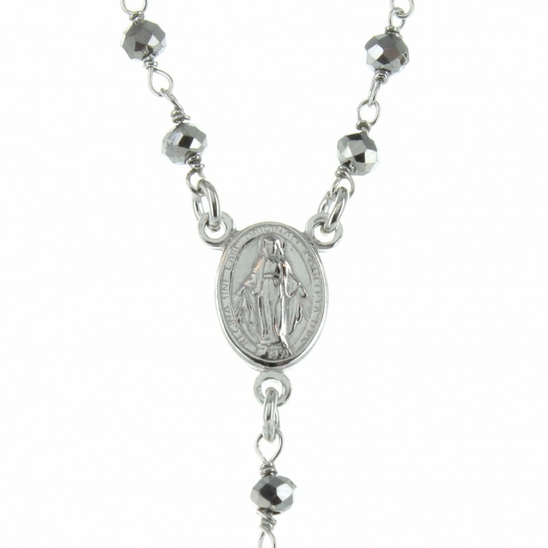 Rosario d'argento della Madonna Miracolosa con grani di vetro e chiusura