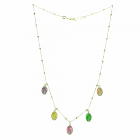 Silver necklace with 5 coloured miraculous medals