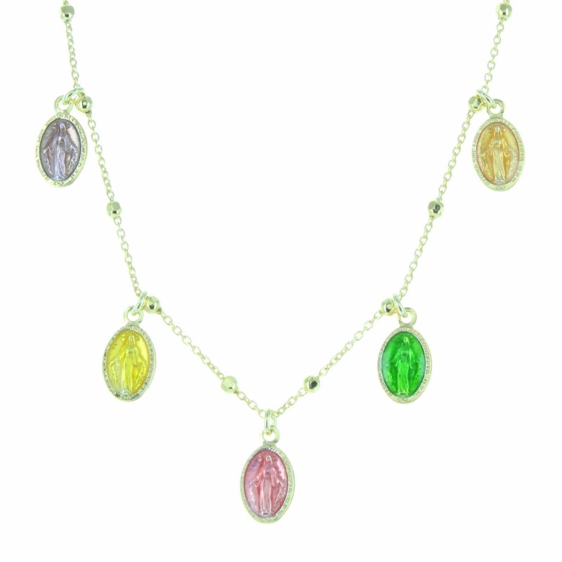 Silver necklace with 5 coloured miraculous medals