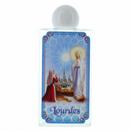 Set of five 80 ml plastic bottles with Lourdes water and Lourdes Apparition