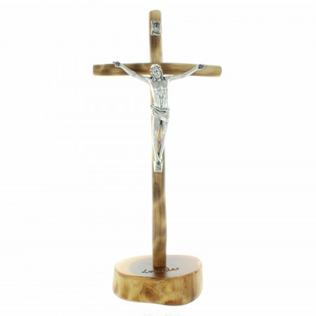 Crucifix bois sur socle en bois avec le Christ argenté 21cm