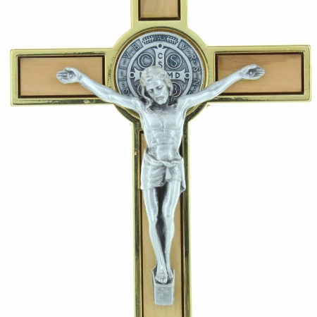 Crucifix de Saint Benoît en bois d'olivier et métal doré 13cm