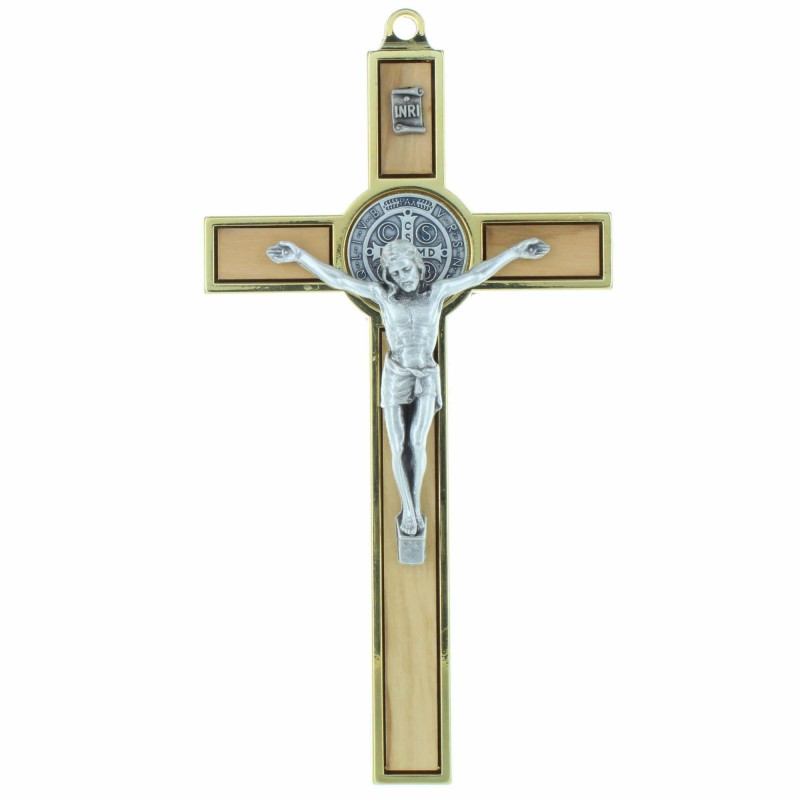 Crucifix de Saint Benoît en bois d'olivier et métal doré 13cm