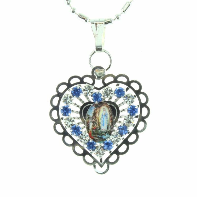 Silver necklace with heart pendant of the Apparition of Lourdes