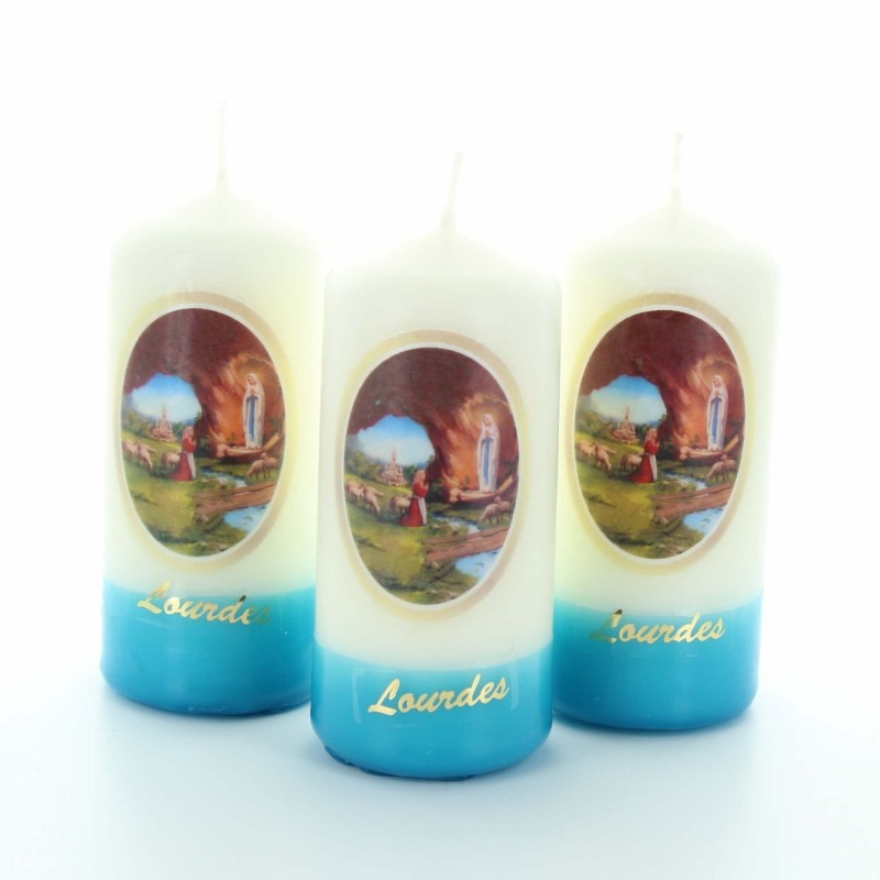 Lot de 3 bougies de Lourdes avec une base bleue 9cm