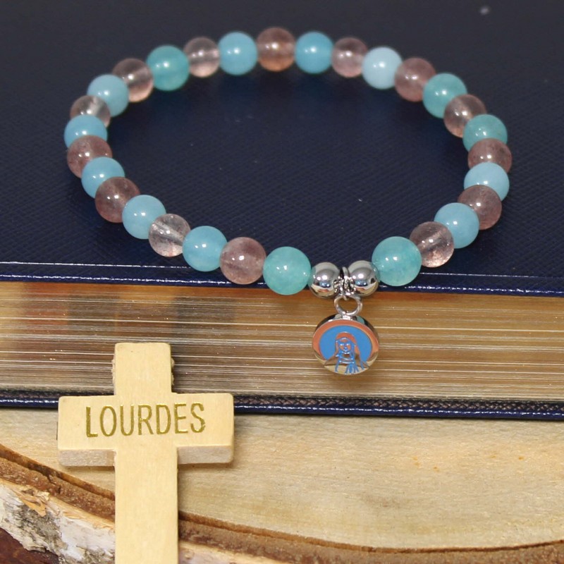 Bracelet de la Vierge de Lourdes en pierres Aquamarine et Quartz rose