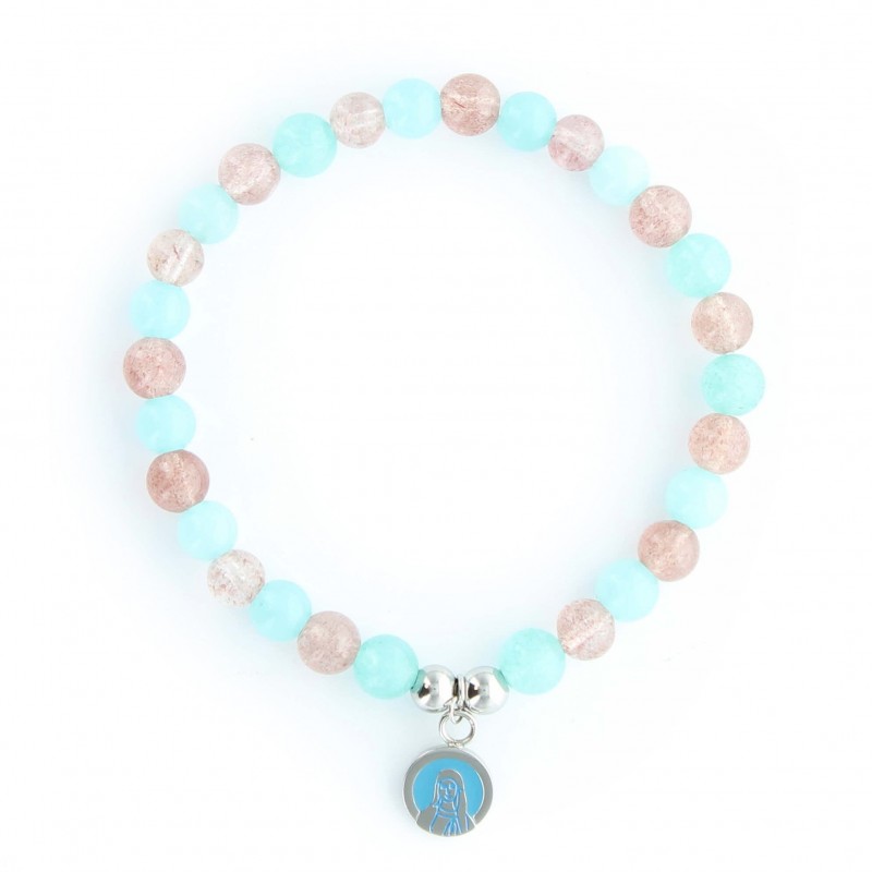 Our Lady of Lourdes Bracelet with aquamarine and pink quartz stone beads