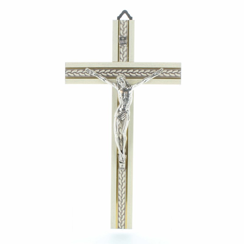 Crucifix en bois blanc avec Christ en métal 20 cm