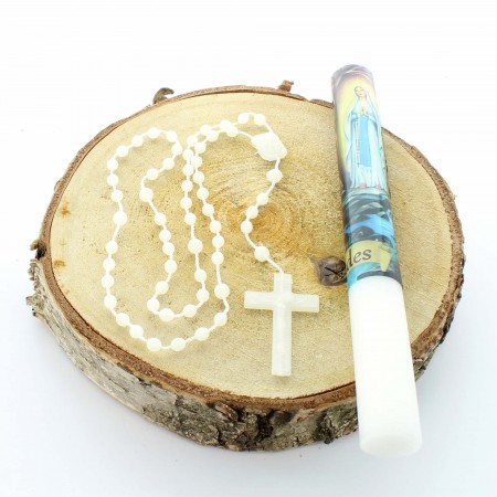 Candela di Lourdes con rosario fosforescente in astuccio