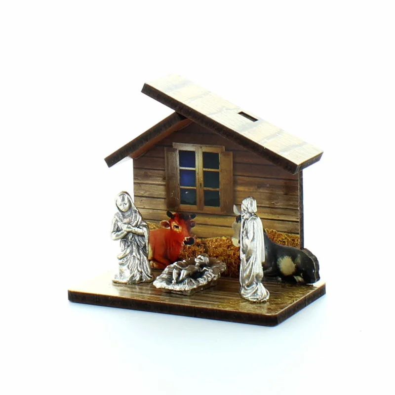 Crèche De Noël Miniature En Boîte Métal - Figurines En Résine (Sainte Famille, Moutons) - Environ 9,5x6 Cm