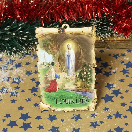 Rosario profumato alla rosa con un quadro dell'apparizione di Lourdes 7x10 cm