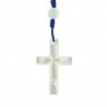 Silver rosary with 7mm mother of pearl beads on a blue cord