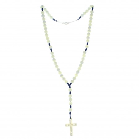 Silver rosary with 7mm mother of pearl beads on a blue cord
