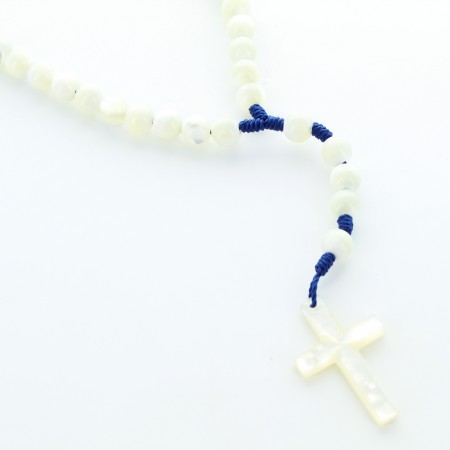 Silver rosary with 7mm mother of pearl beads on blue cord