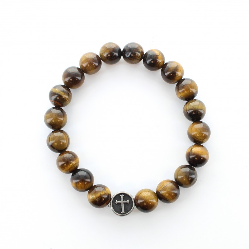 Bracelet élastique avec perles en pierre œil de tigre et une croix