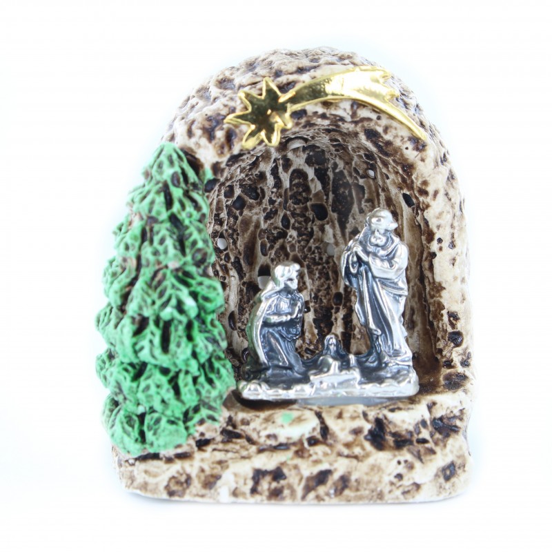 Mini crèche en métal Sainte Famille dans une grotte