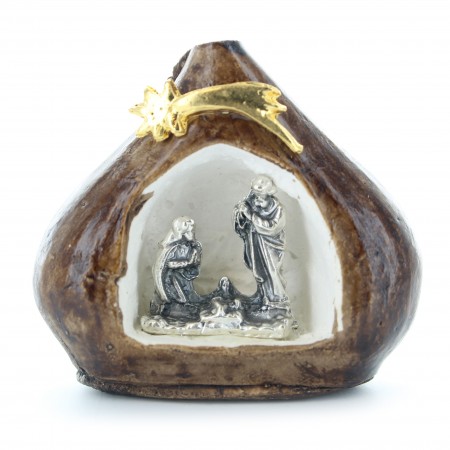 Metal mini nativity scene Holy Family in a chestnut tree