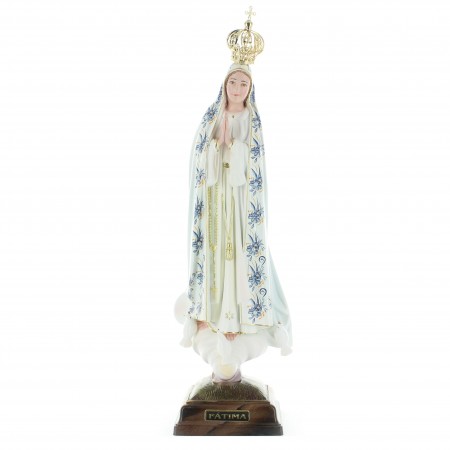 Statua di Madonna di Fatima con un mantello decorato con fiori in resina