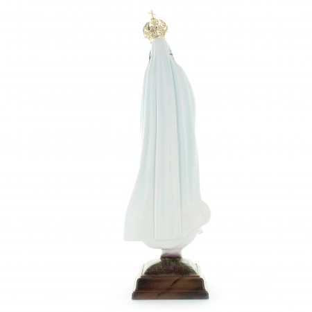 Statua di Madonna di Fatima con un mantello decorato con fiori in resina