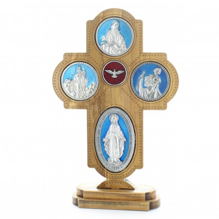 Crucifix de table bois d'olivier avec médailles des 4 chemins de 22 cm