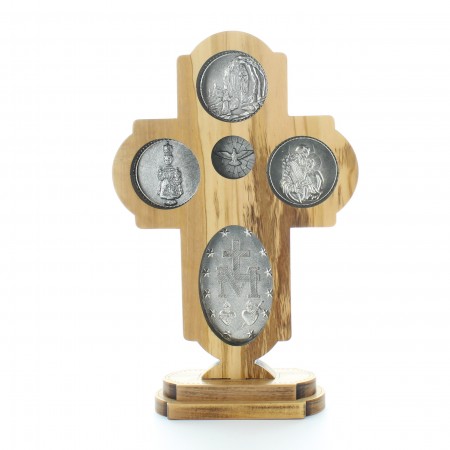 Crocifisso da tavolo in legno d'ulivo con medaglie dei 4 percorsi 22 cm
