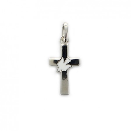 Croix en argent avec colombe blanche incrustée de 2,5 cm